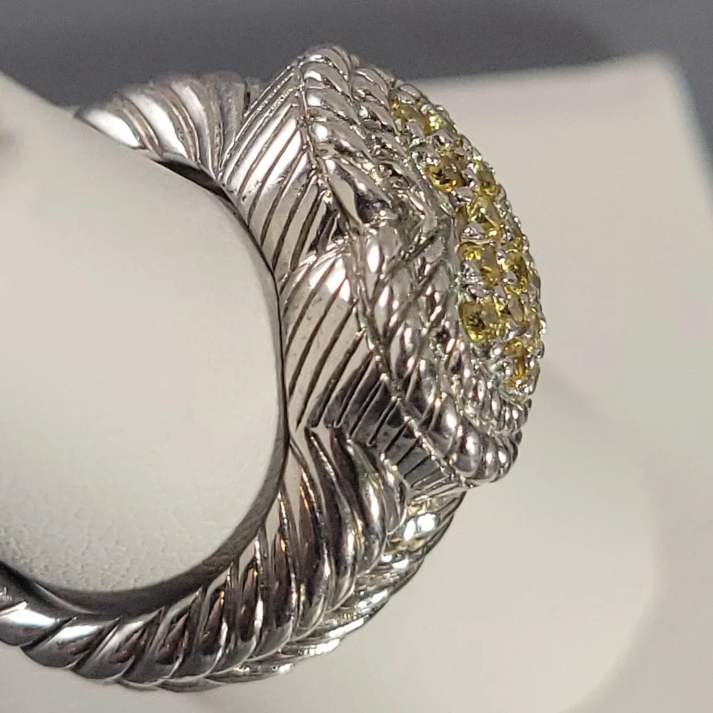 Judith Ripka Sterling Silver Heart Ring Size 6 Peridot Yellow-Green Pave Stones